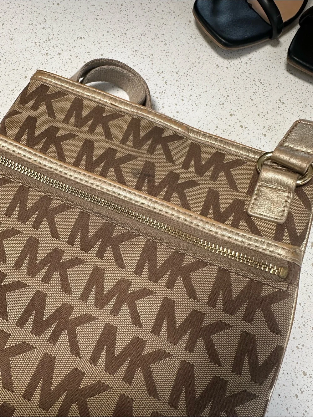 Michael Kors Beige and Brown MK Logo Messenger Bag
